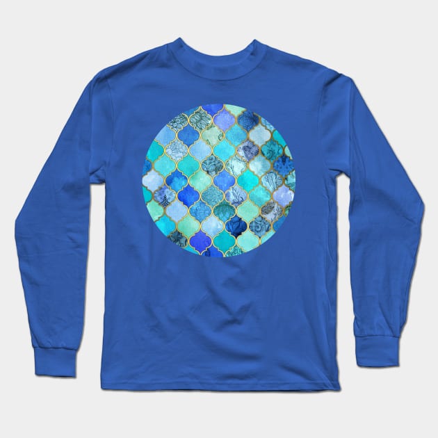 Cobalt Blue, Aqua & Gold Decorative Moroccan Tile Pattern Long Sleeve T-Shirt by micklyn